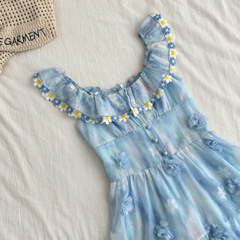 Blue Long Chiffon Printed Dress with Flutter Sleeves, French Sweet Style, Slimming Dress