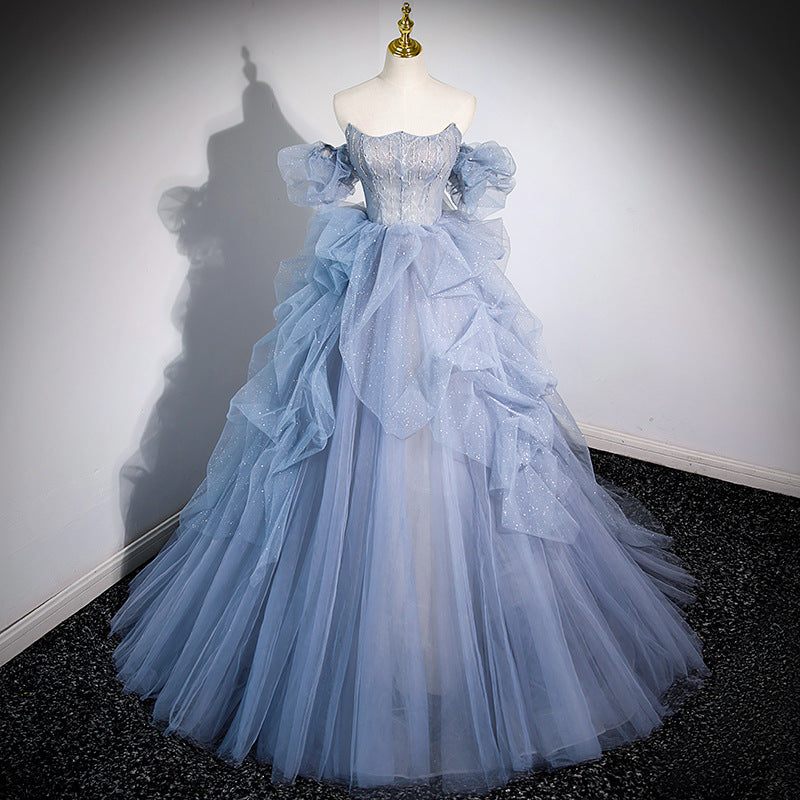 off-Shoulder Evening Dress 2025 Haze Blue Piano Performance Adult Ceremony Wedding Dress Bel Canto Solo Blue Gauze Skirt Art Test