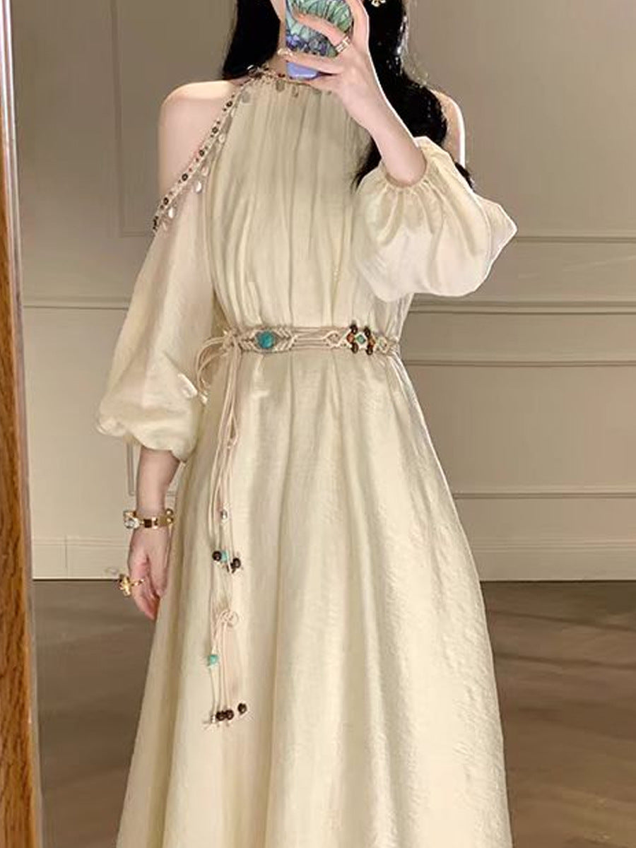 Shell Lace Light Apricot Dress Bohemian Vacation Style Long Dress