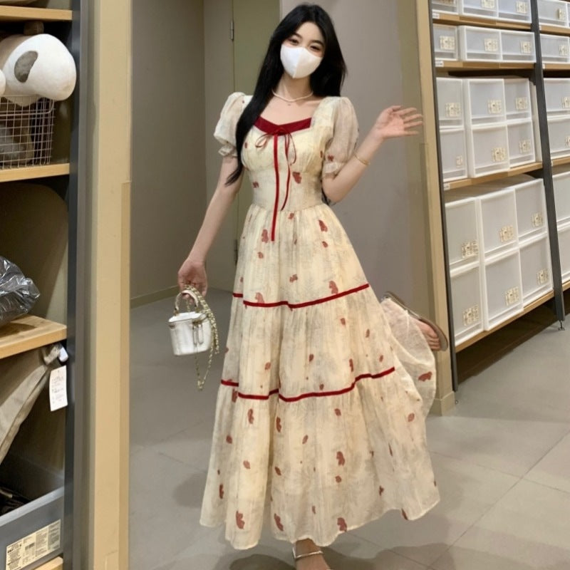 Plus Size Women's French Style Color Block Print Dress Waist Slimming Square Neck First Love Long Dress