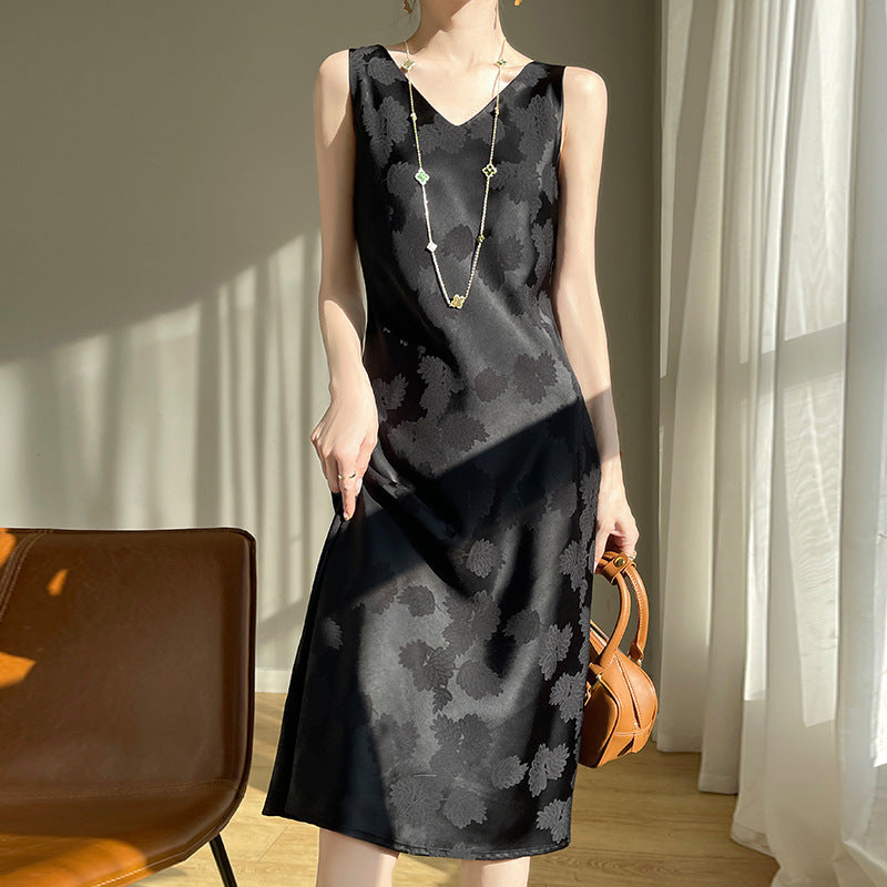 Women's Acetate Satin Mid-Length Dress Spring and Summer New Leaf Printing Niche Minimalist Style Sleeveless Skirt