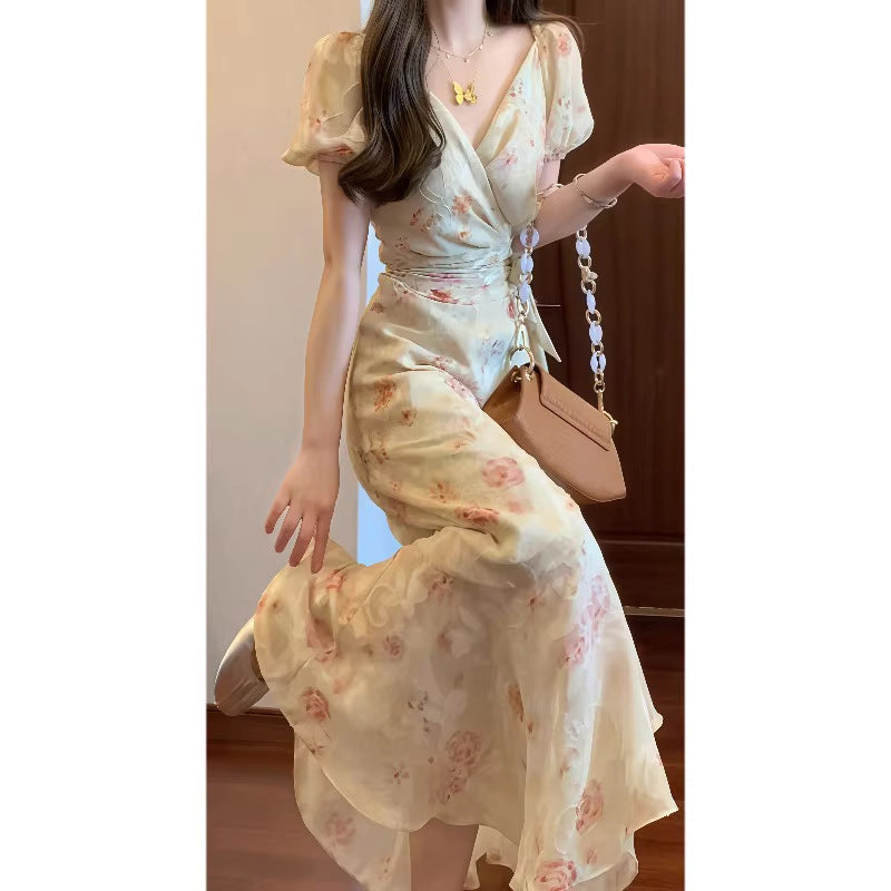 Summer French Romantic One-Piece Tie Printed Dress with Ruffled Hem Elegant Long Dress