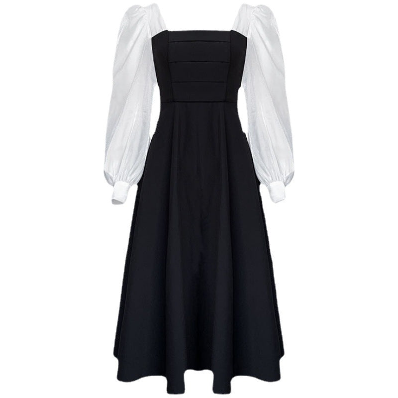 Long Sleeve Black Chiffon Dress Elegant Dress for Women New Spring Autumn Patchwork Square Neck French Style Retro Mesh Dress