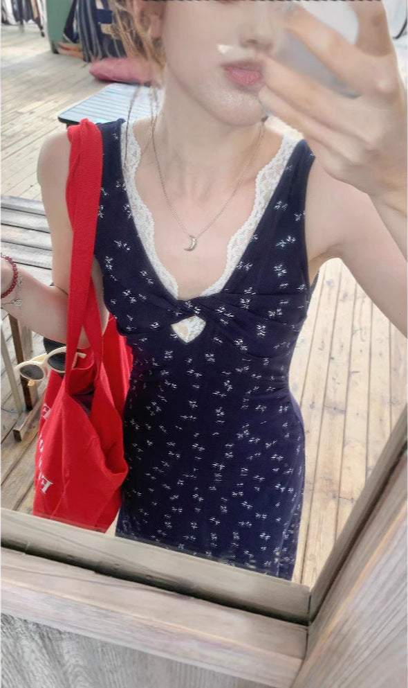 French Style Lace Hanging Neck V-Neck Floral dress Women's Summer New Waist Design Vacation Long Dress