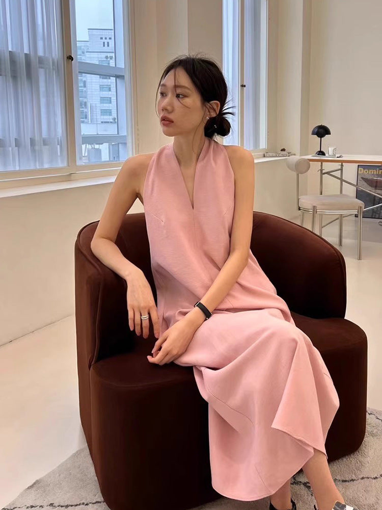 South Korea chic Summer Retro High Sense V Collar Waist-Tight Thin over the Knee Long Halter Vest Dress Women