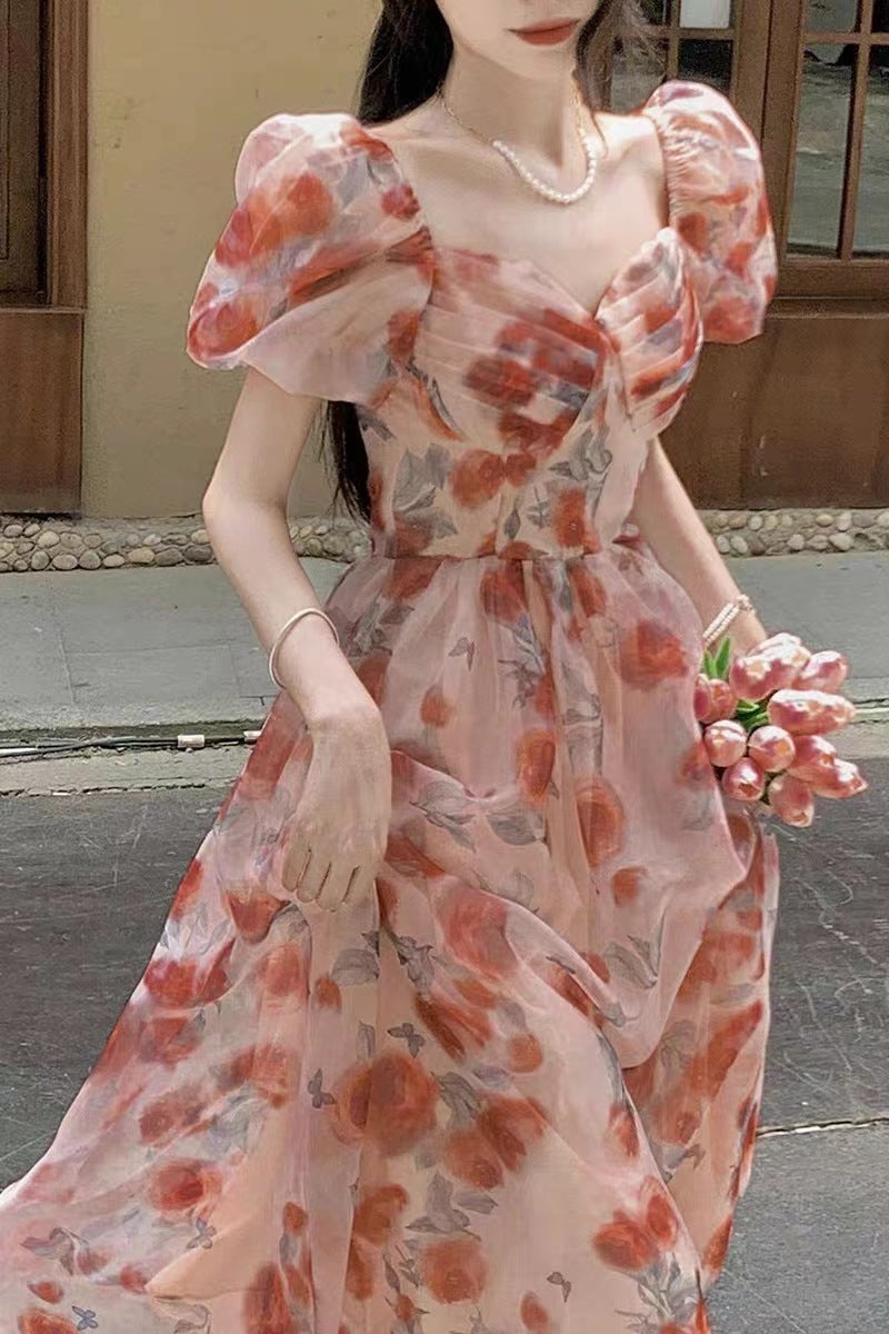 Stunning Fairy Tea Break Platycodon Square Neck High Waist Floral Dress for Women Summer French Style Elegant Chiffon Princess Long Dress