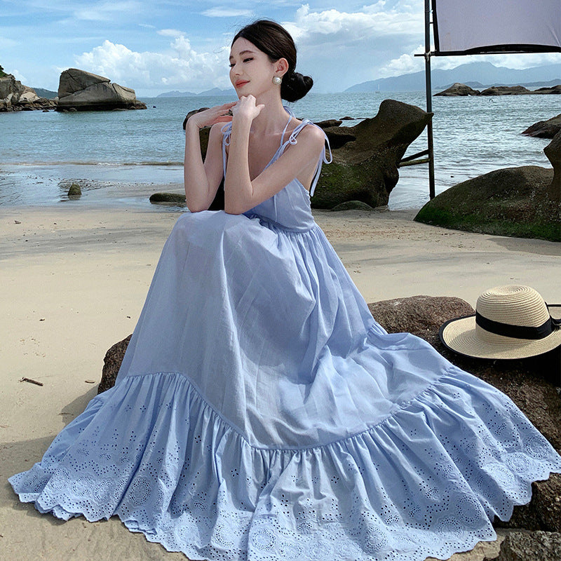 Sanya Beach Dress Light Blue Hollow Embroidery Strap Dress Summer Super Fairy Flowing Vacation Style Elegant Long Dress