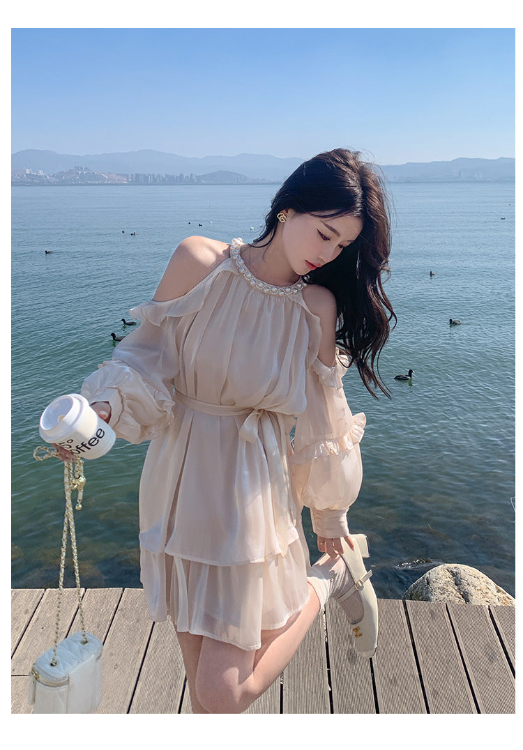 Apricot Super Fairy Halter Off-the-Shoulder Dress Women's Long Sleeve Spring New French Vacation Style Princess Dress Pettiskirt