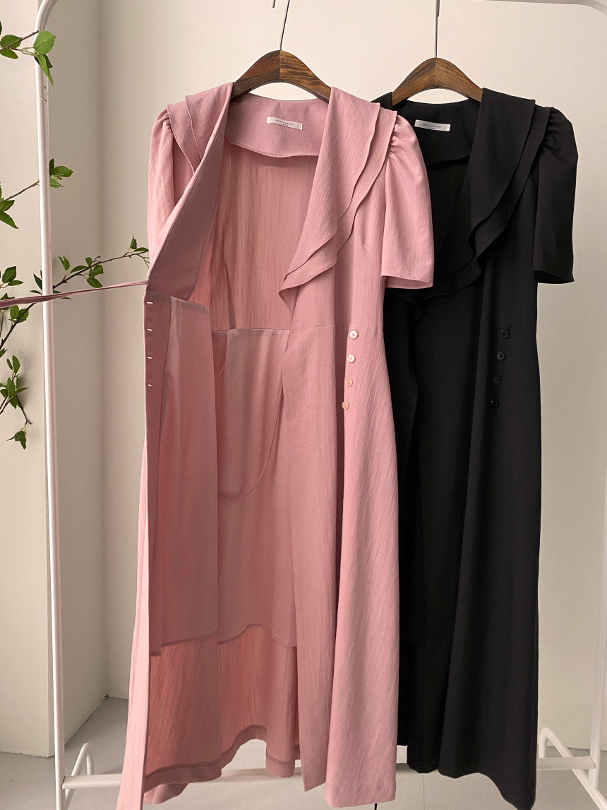 French Retro Double-Layer Collar Buckle Waist Slimming Mid-Length One-Piece Puff Sleeve Dress Women