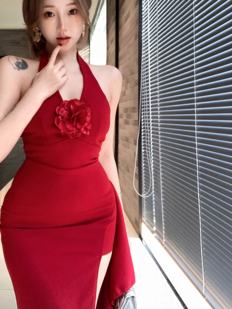 Red Three-Dimensional Flower Halter Neck Dress for Women, Summer Slim Fit Long Dress, Pure Desire Waist-Cinching Slit Bodycon Dress