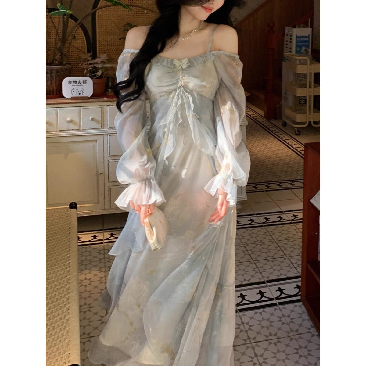 Elegant Gray Blue Gradient Fairy Butterfly Ruffle Long Sleeve Dress for Women