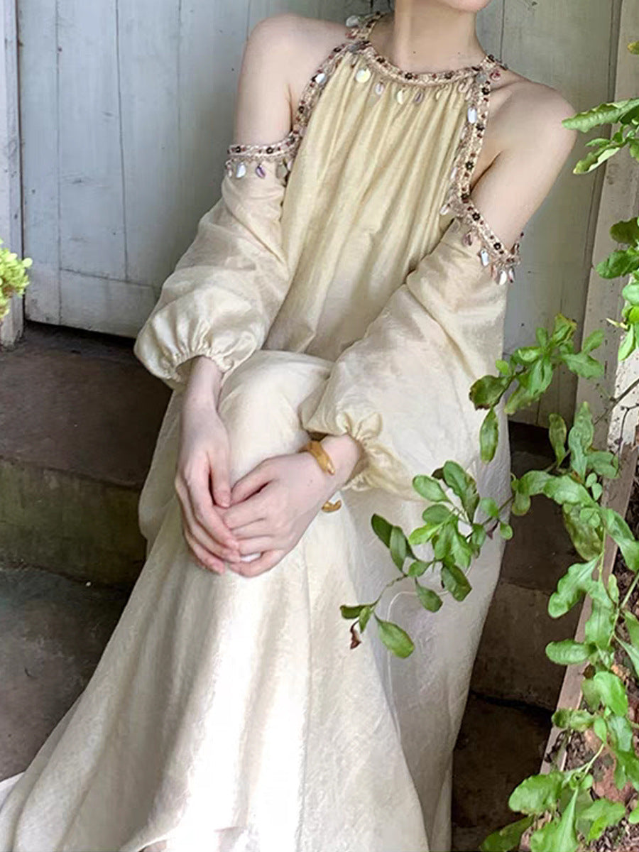 Shell Lace Light Apricot Dress Bohemian Vacation Style Long Dress