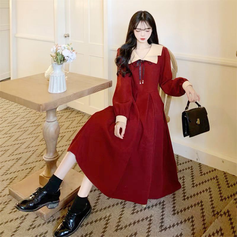Dress Women's High Waist Skirt Trendy Style Age-Reducing College Autumn and Winter Formal Mid-Length Dress Large-Sized Skirt