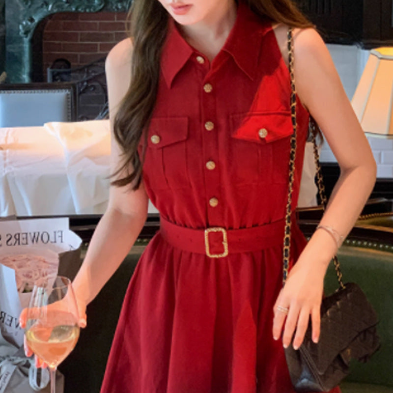 Linen + Lyocell Elegant Red Dress Shirt Dress Shirt Collar Sleeveless Single Breasted