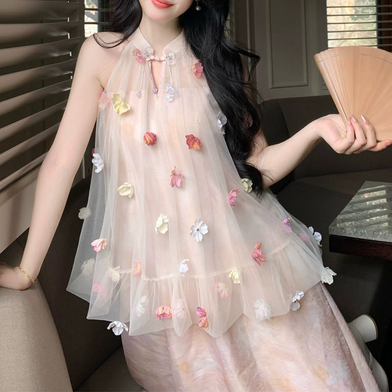 Fendai Liufang Heavy Craft Three-Dimensional Flower Halter Neck Printed Long Dress for Women Summer New Chinese Style Fake Two-Piece Off-Shoulder Dress