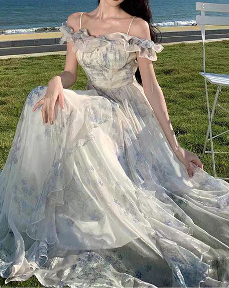 Seaside vacation style spaghetti strap dress with French ruffle hem, Saya long dress, ethereal fairy-like vibe, flowing and trendy.