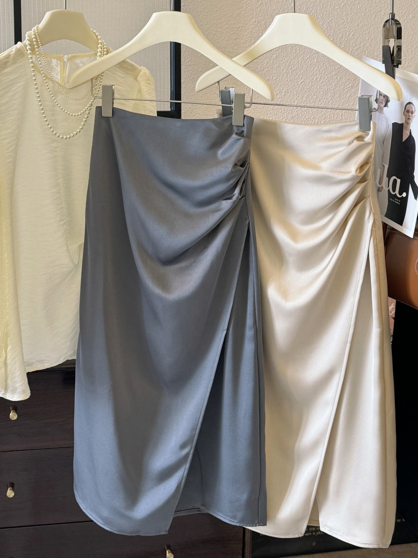 Elegant Goddess Style~Asymmetric Smooth Satin Skirt, Spring and Summer Pleated Pencil Skirt, Mid-Length Straight Skirt