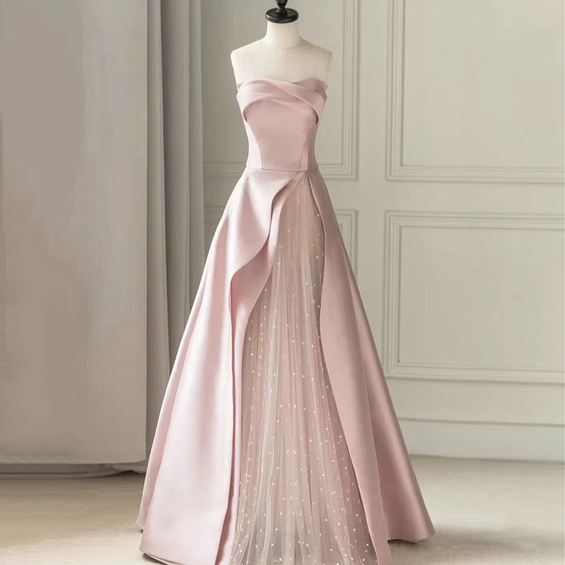 Pink Bra Evening Dress Ladies Banquet Toast Dress Adult Party Host Senior Sense Engagement Dress
