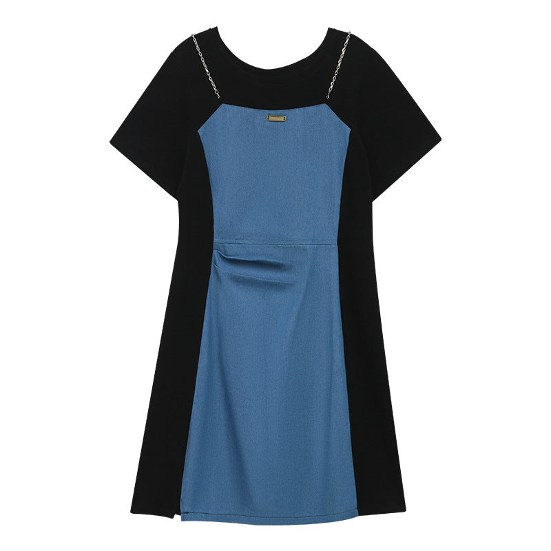 Small Size plus size Not Pick Body Retro Denim Stitching dress Women's New Summer Skirt Belly Covering Slim A- line Skirt