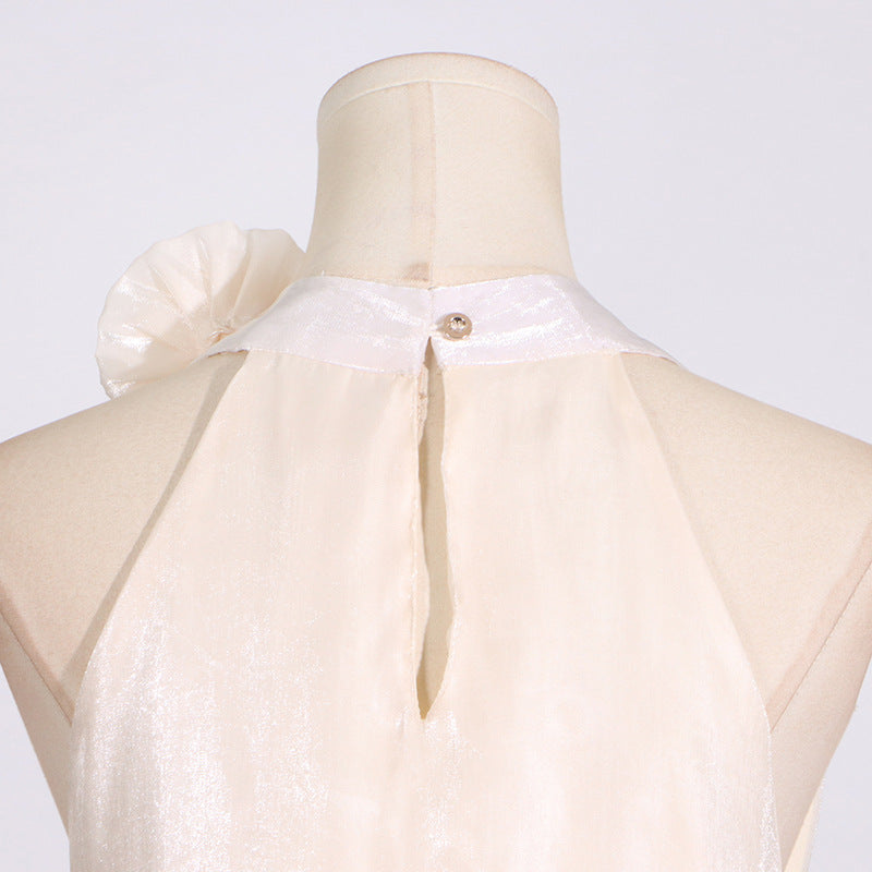Fashion Sweet Style Floral Halter Neck Design Sleeveless Irregular Satin Dress for Women