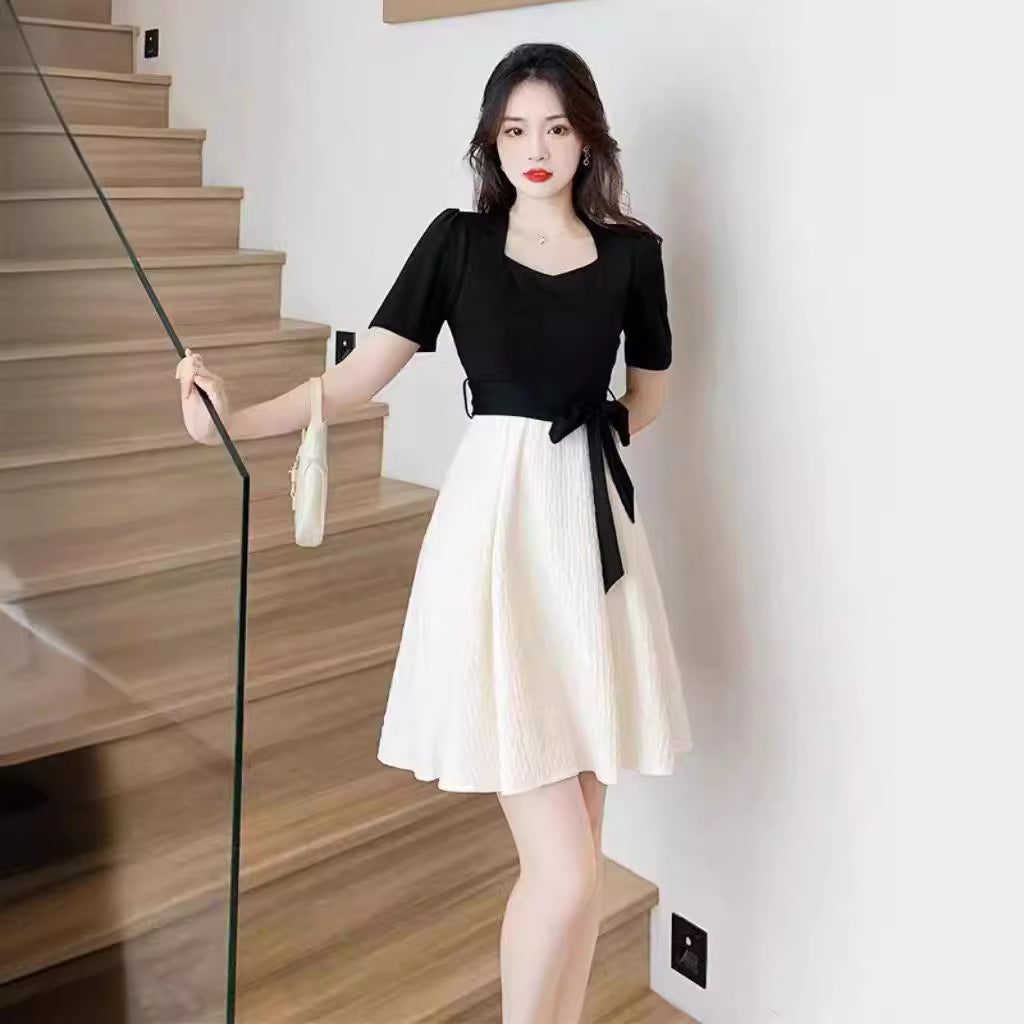 Popular French Hepburn Style Women's Fashion Design High Waist Slimming Square Collar Color Matching A- line Dress