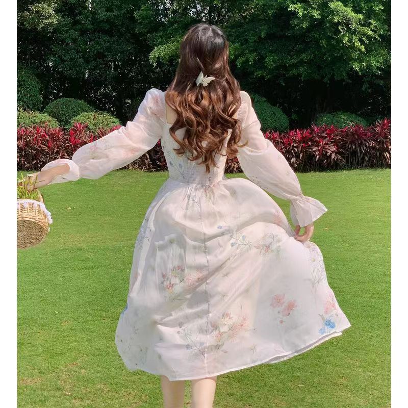 Vacation Style Floral Chiffon Dress Fairy Super Fairy Mori Style Gentle Sweet Tea Break French First Love Dress Long Dress