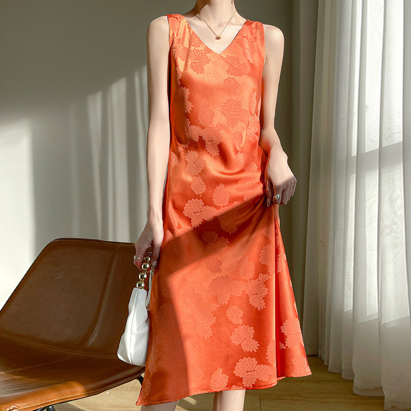 Women's Acetate Satin Mid-Length Dress Spring and Summer New Leaf Printing Niche Minimalist Style Sleeveless Skirt