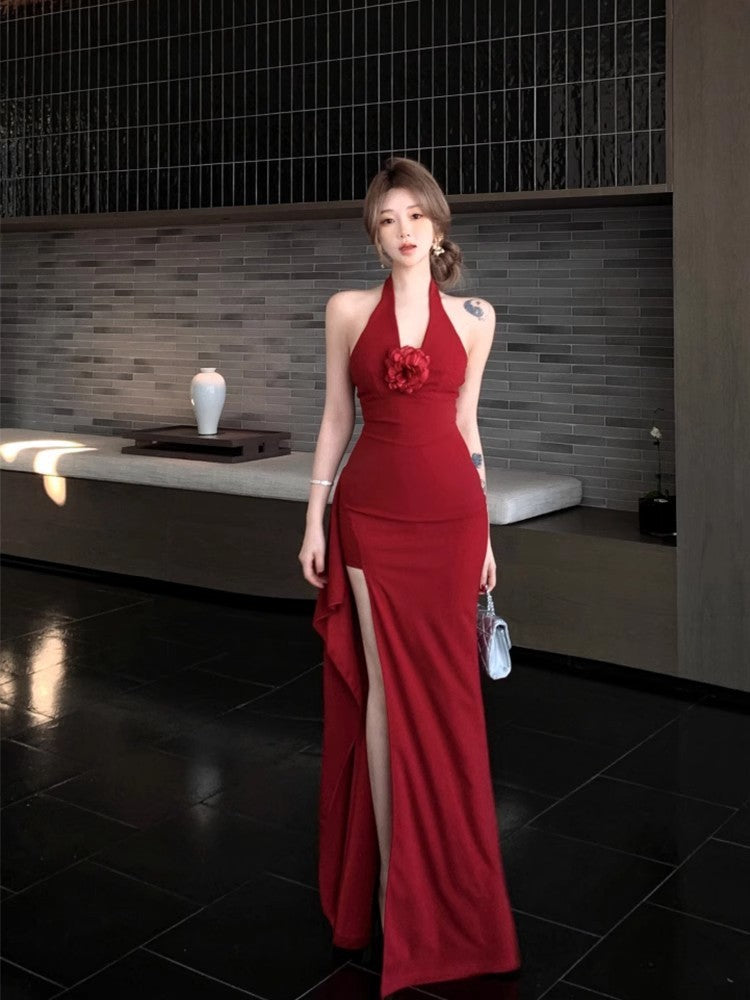 Red Three-Dimensional Flower Halter Neck Dress for Women, Summer Slim Fit Long Dress, Pure Desire Waist-Cinching Slit Bodycon Dress