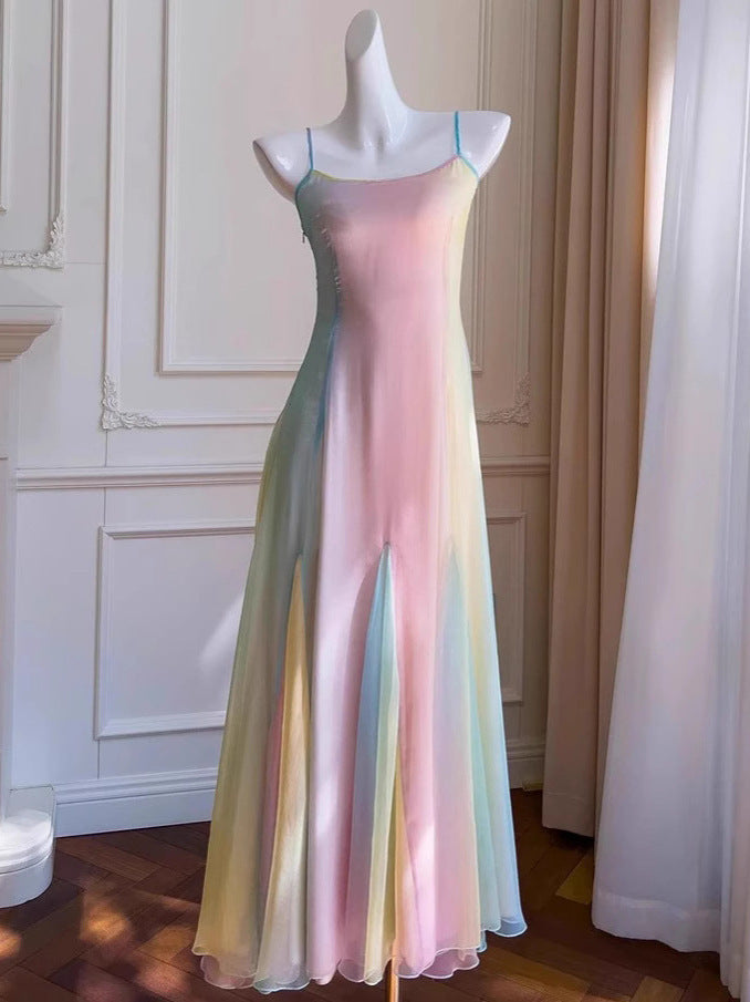 Summer Dopamine Girl Sweet Rainbow Long Dress Fairy Socialite Temperament Vacation Strap French Style Dress
