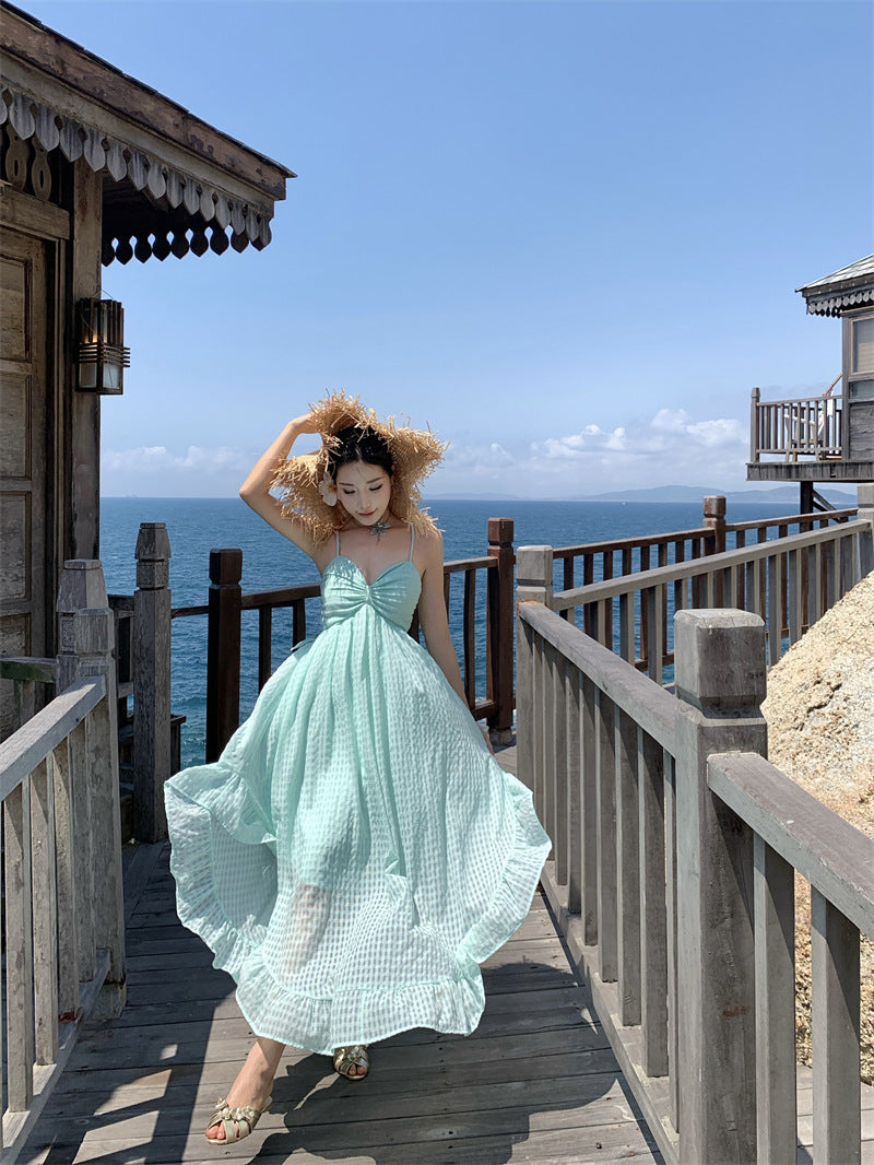 Photogenic Light Yellow Plaid Vacation Style Backless Dress Dopamine Island Vacation Beach Halter Long Dress