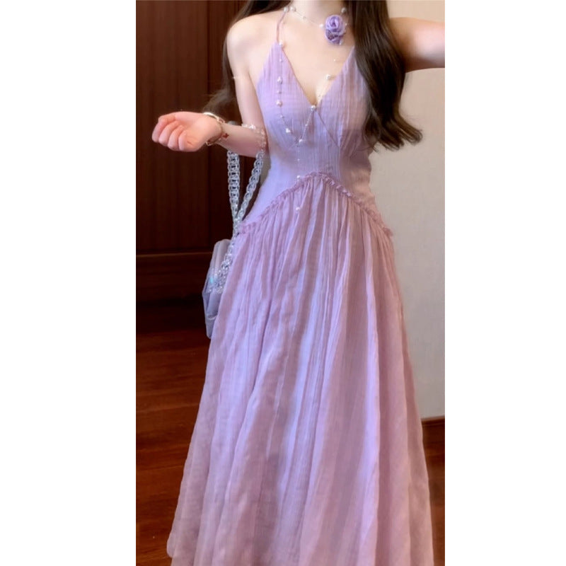 French-style Purple Halter Neck Strap Beach Vacation Elegant Beach Dress