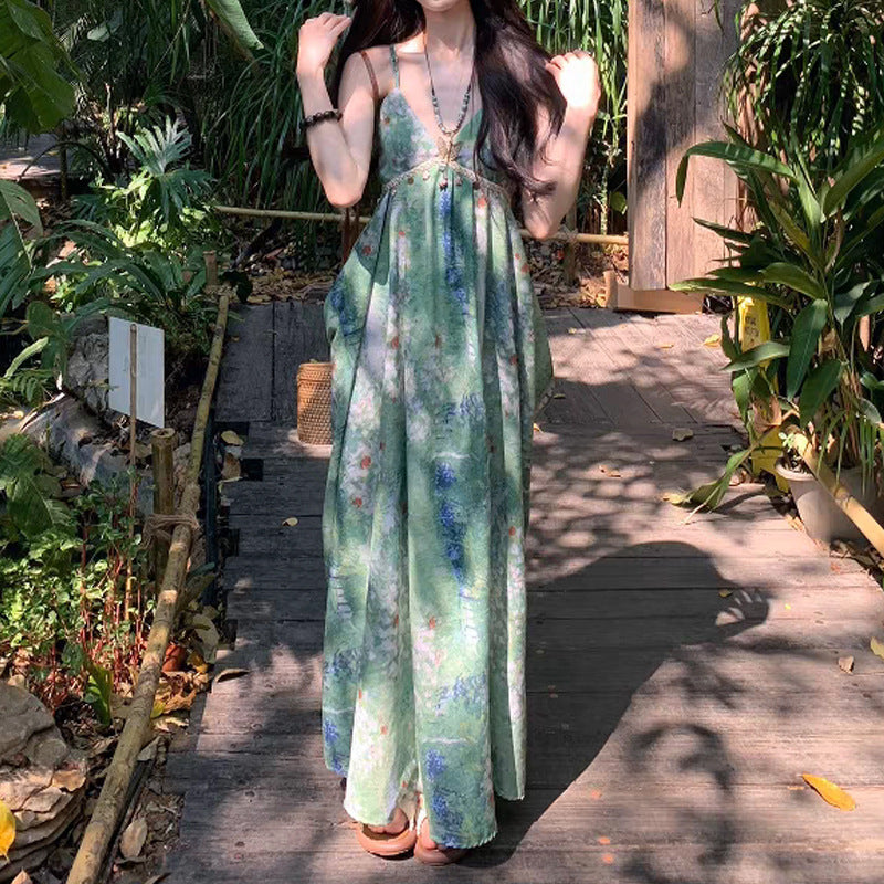 Heartbeat Light Spring Style Outfit Spaghetti Strap Dress V-neck Print Design Vacation Style Long Dress