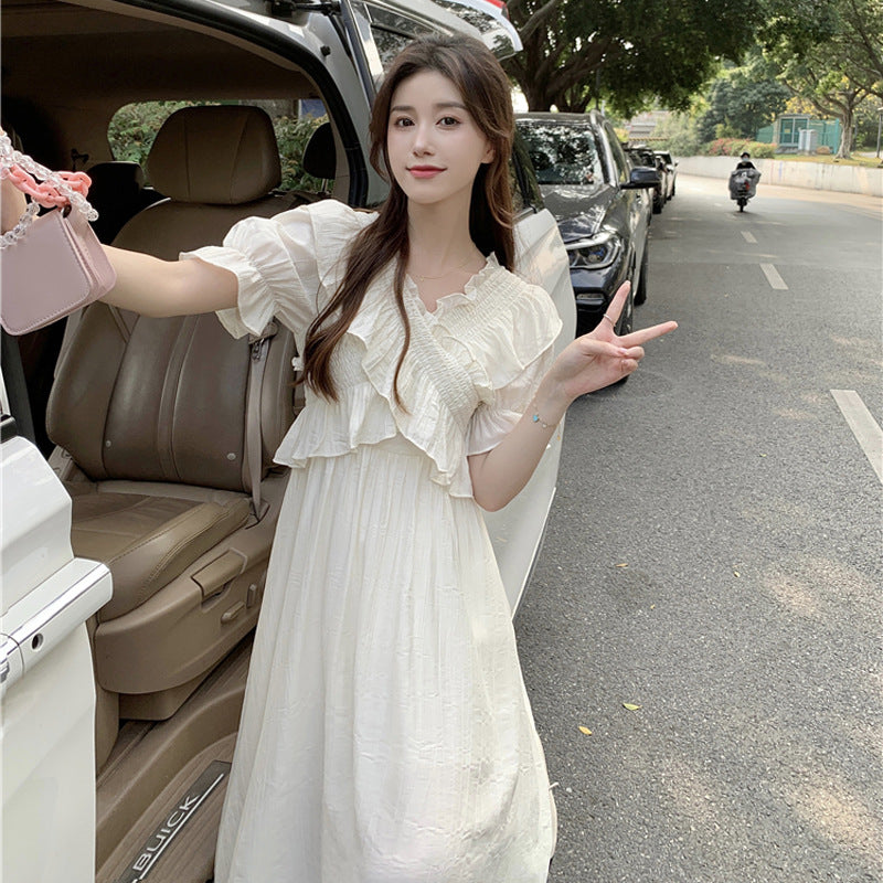 Chiffon Dress for Women Summer New Fairy Design Sense Cross V Gentle Short Sleeve Long Dress