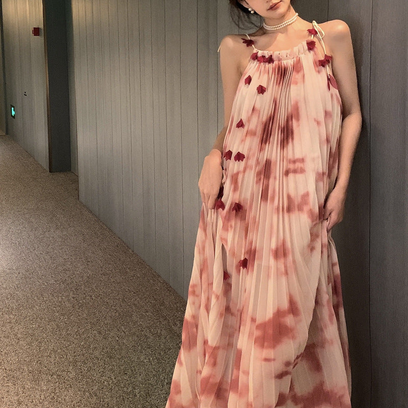 French Heavy Industry Tie-Dyed Suspenders Dress Summer Hepburn Style Loose Halter Mid-Length Fairy Skirt