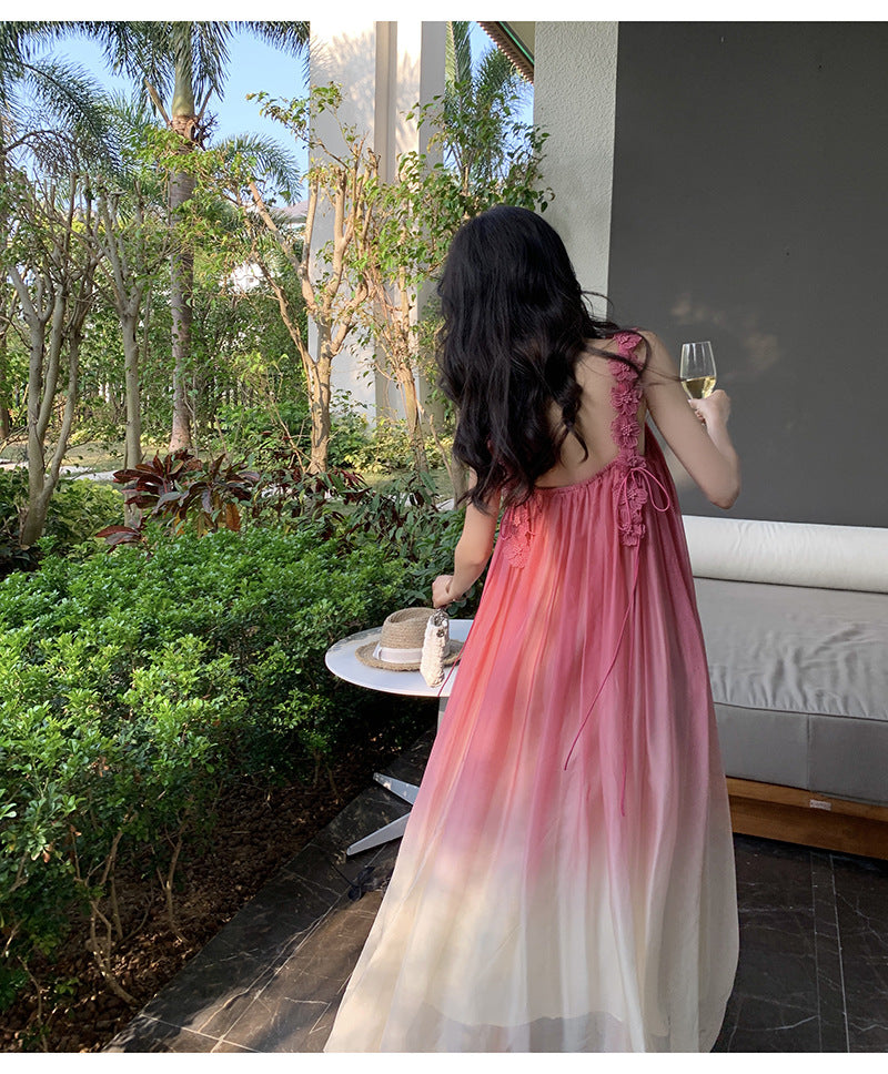 Beach Dress Sanya Vacation Strap Long Dress Pink Gradient Chiffon Dress Super Fairy