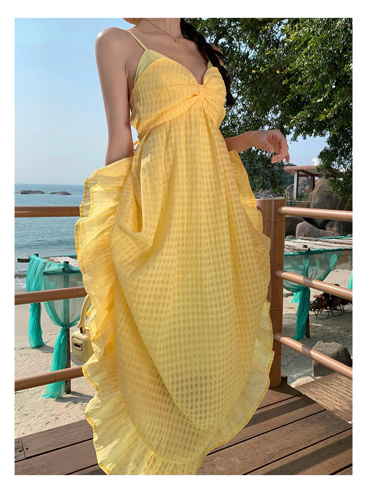 Photogenic Light Yellow Plaid Vacation Style Backless Dress Dopamine Island Vacation Beach Halter Long Dress
