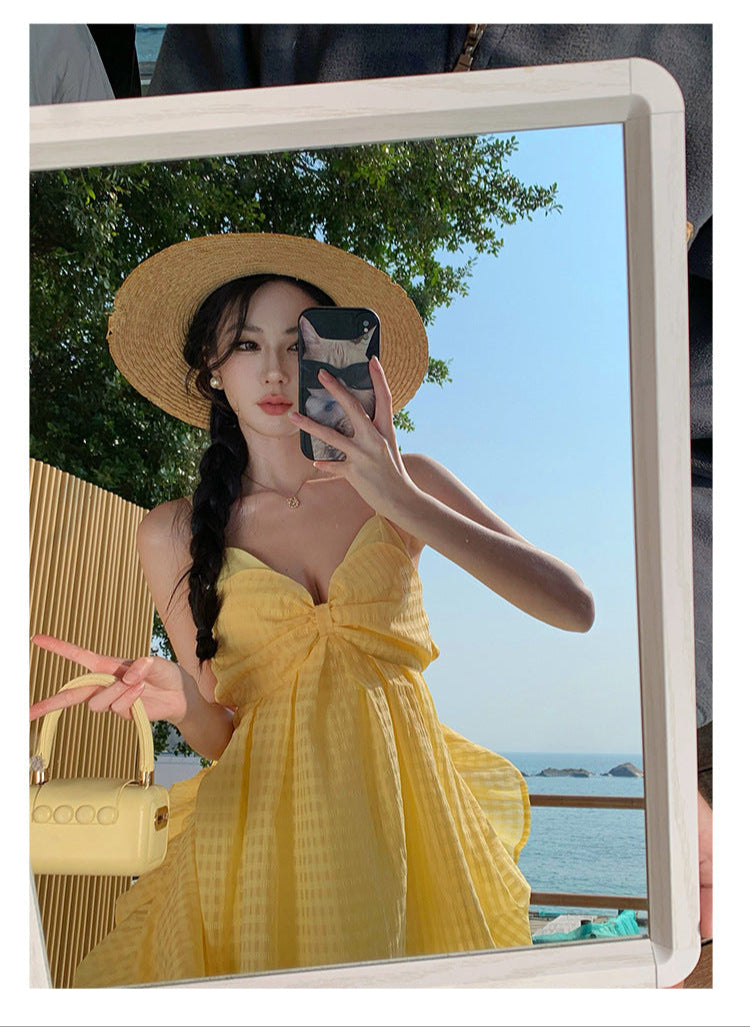 Photogenic Light Yellow Plaid Vacation Style Backless Dress Dopamine Island Vacation Beach Halter Long Dress