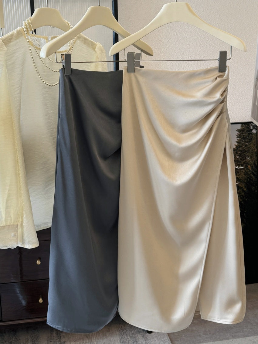 Elegant Goddess Style~Asymmetric Smooth Satin Skirt, Spring and Summer Pleated Pencil Skirt, Mid-Length Straight Skirt