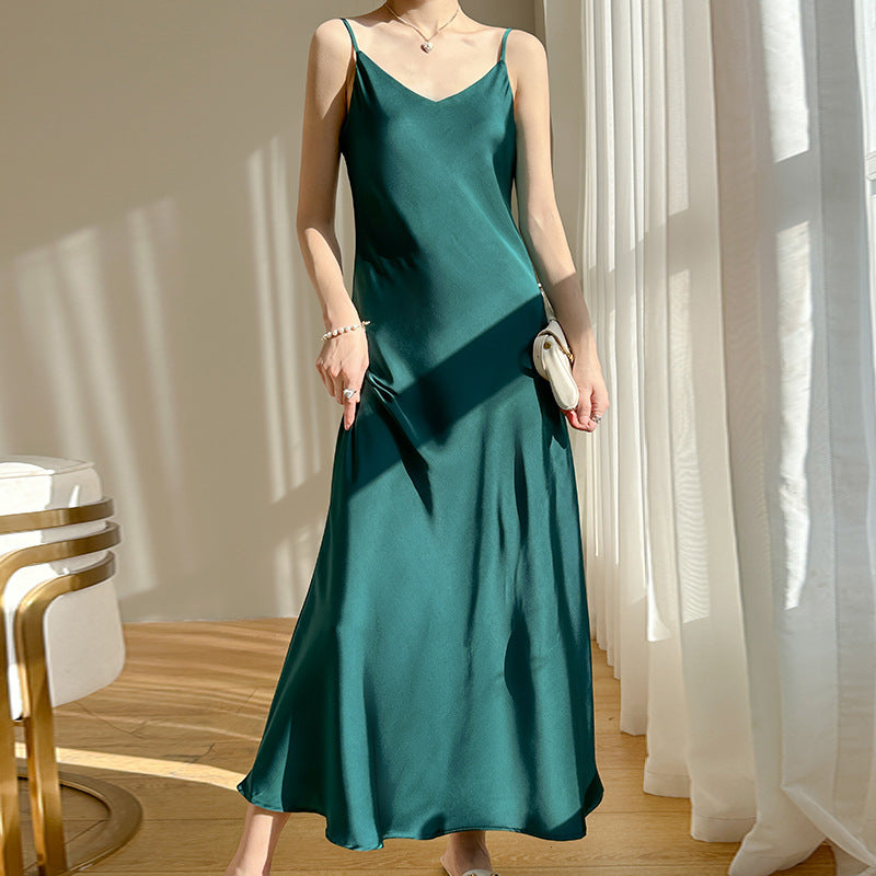 Summer New Mid-Length Sleeveless Off-Shoulder Light Luxury Mulberry Silk Acetate Satin Imitation Silk Strap Dress for Women