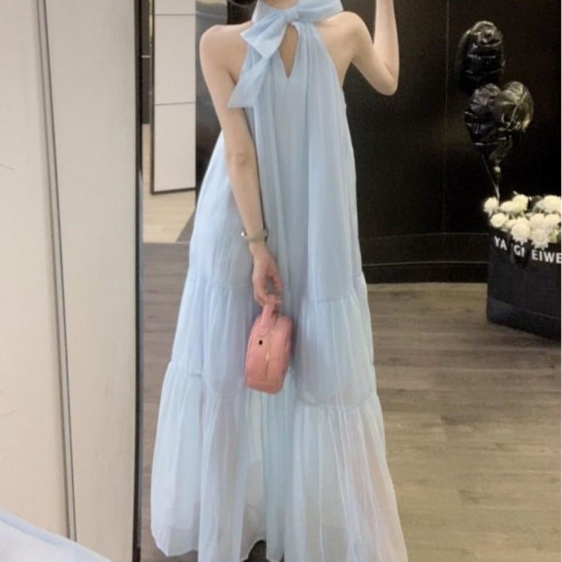 Elegant French Style Neck Hanging dress Bow Design Sense Salt Sweet Age-reducing Super Fairy Long Dress for Children