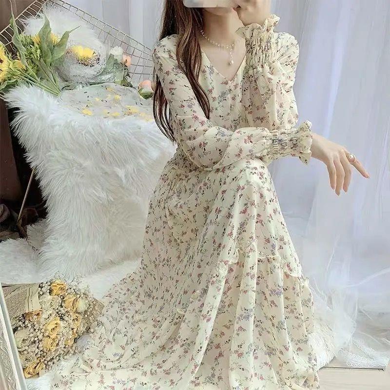 Artistic Style Floral Skirt Chiffon Dress Long Skirt Spring New Korean Style Fairy Dress Ruffled Large Swing Skirt