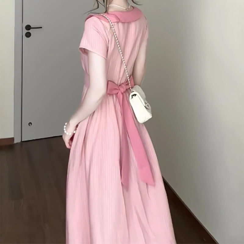 French Style Gentle Pink Striped Dress for Women Summer New Bow Tie Waist Mid-Length Dress Short Sleeve Trendy