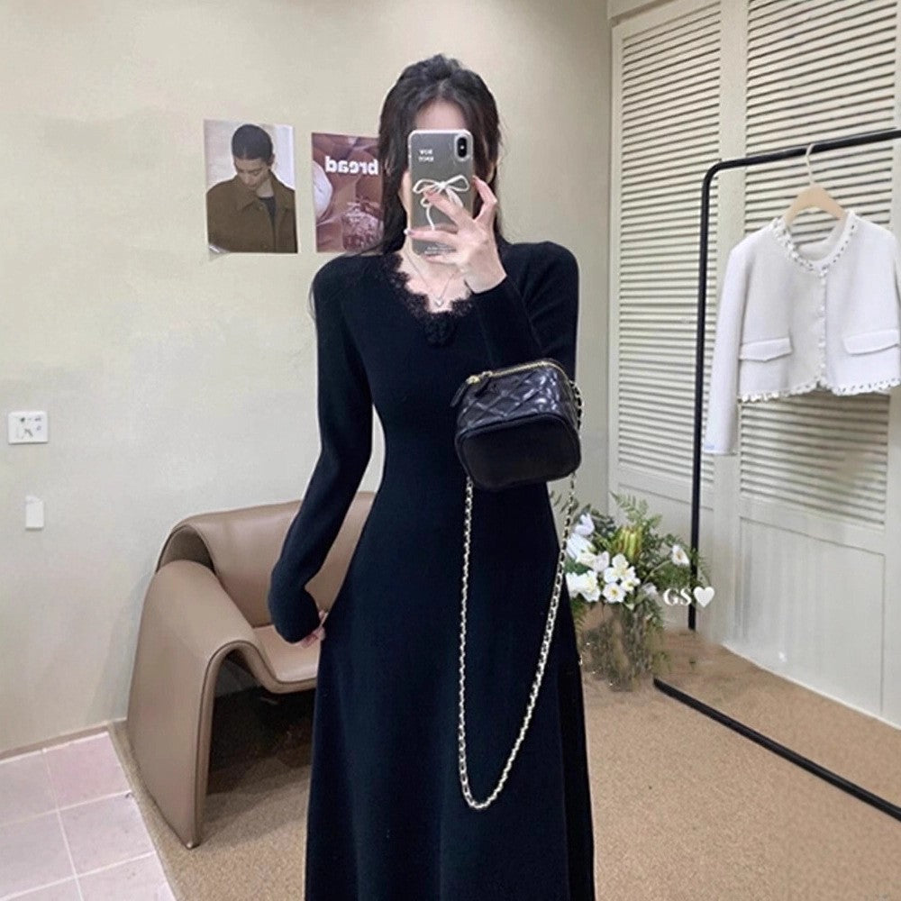 Autumn Winter New Gentle Waist Slimming Inner Wear Over-the-Knee Long Skirt Lace Edge Floral Knitted Dress for Women