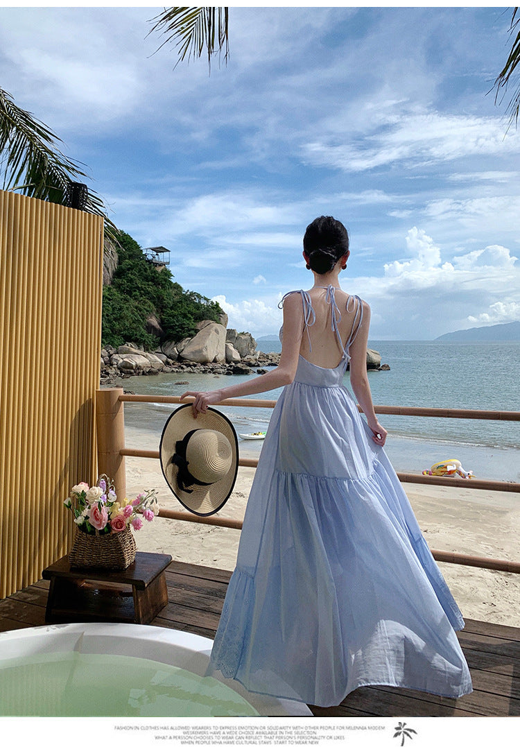 Sanya Beach Dress Light Blue Hollow Embroidery Strap Dress Summer Super Fairy Flowing Vacation Style Elegant Long Dress
