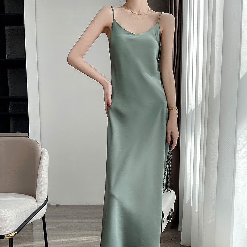 Summer New Mid-Length Sleeveless Off-Shoulder Light Luxury Mulberry Silk Acetate Satin Imitation Silk Strap Dress for Women