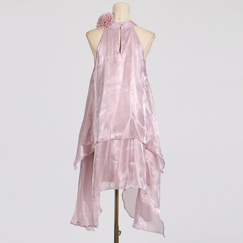 Fashion Sweet Style Floral Halter Neck Design Sleeveless Irregular Satin Dress for Women