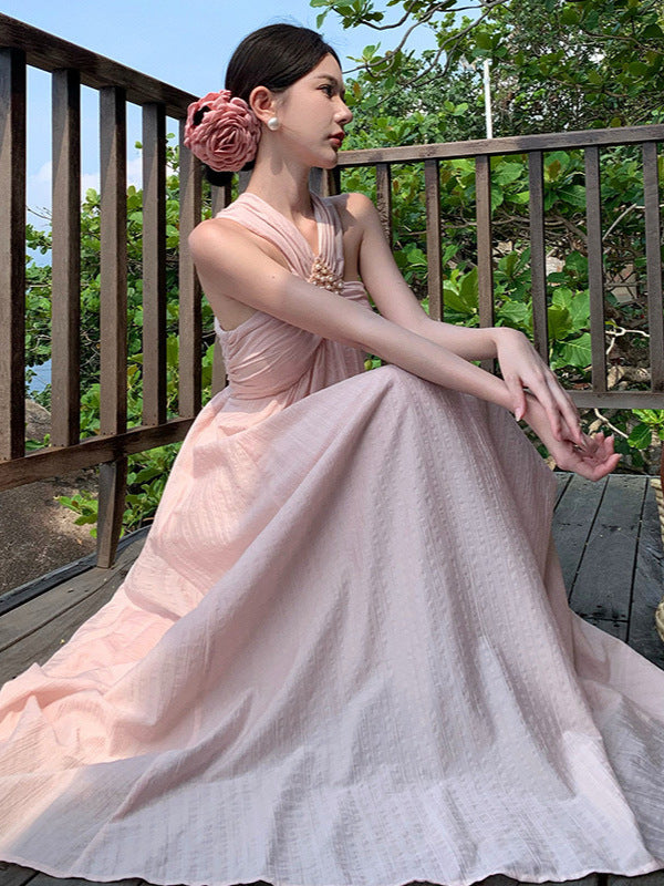Pure Desire High-End Elegant Pink Dress for Women Summer Vacation Style Niche Design Halter Neck Vacation Slip Dress