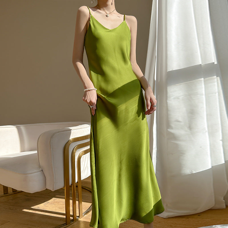 Summer New Mid-Length Sleeveless Off-Shoulder Light Luxury Mulberry Silk Acetate Satin Imitation Silk Strap Dress for Women
