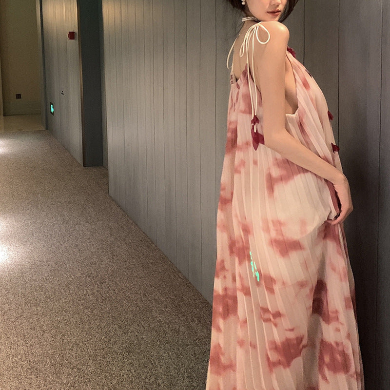 French Heavy Industry Tie-Dyed Suspenders Dress Summer Hepburn Style Loose Halter Mid-Length Fairy Skirt