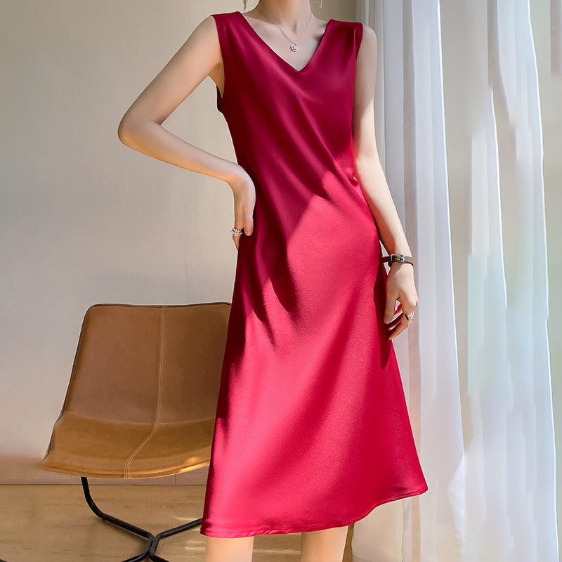 Acetate Satin High-End Summer Strap Dress for Women, Fashionable Versatile Sleeveless Elegant Dress for Outerwear